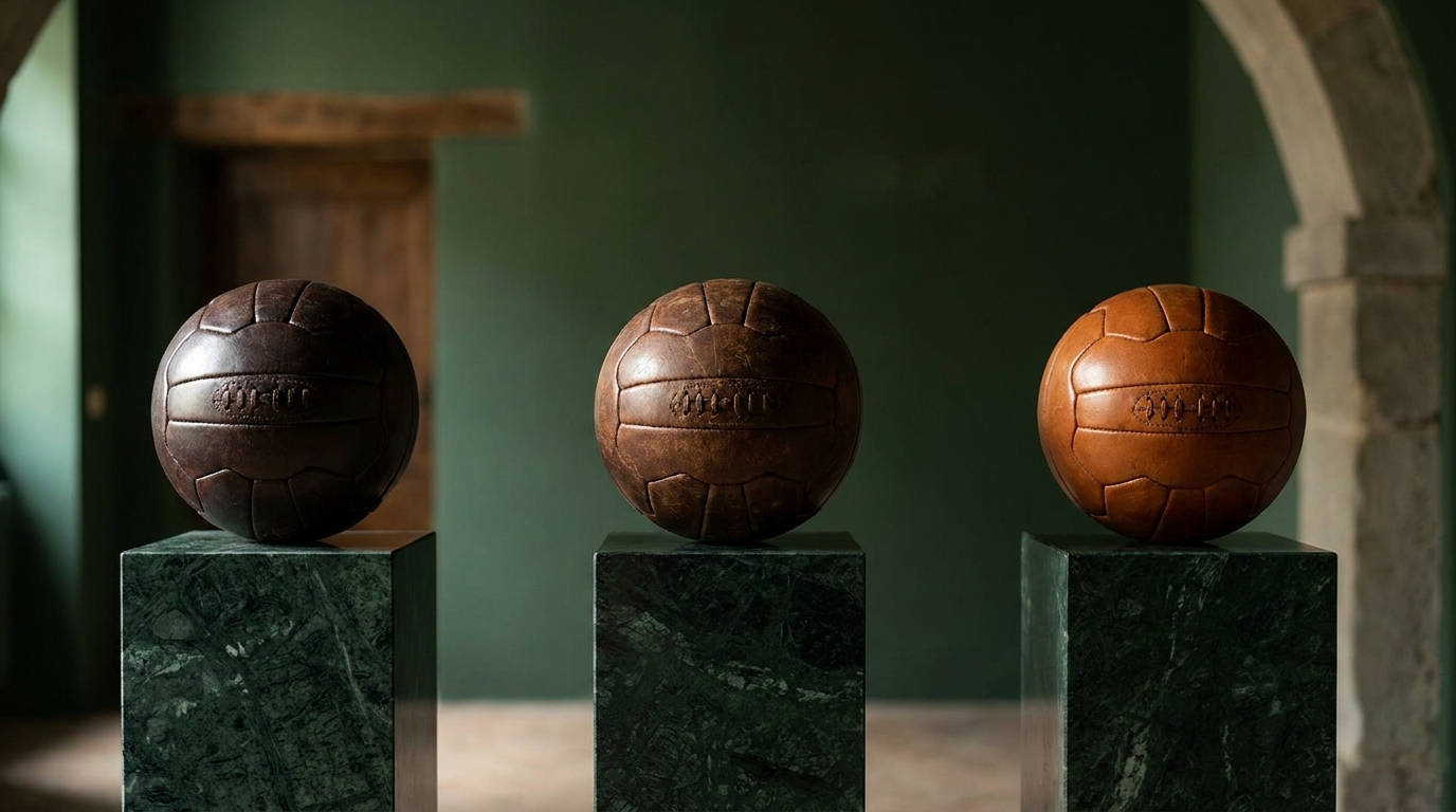 Three handcrafted calfskin footballs displayed on green marble plinths