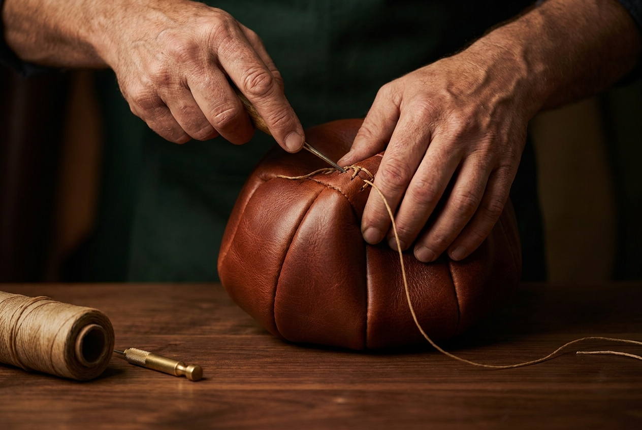 Italian artisan hand-stitching calfskin football panels