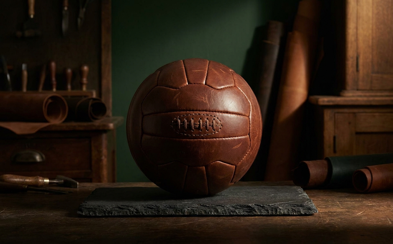 Handcrafted cognac calfskin football displayed in an Italian leather atelier