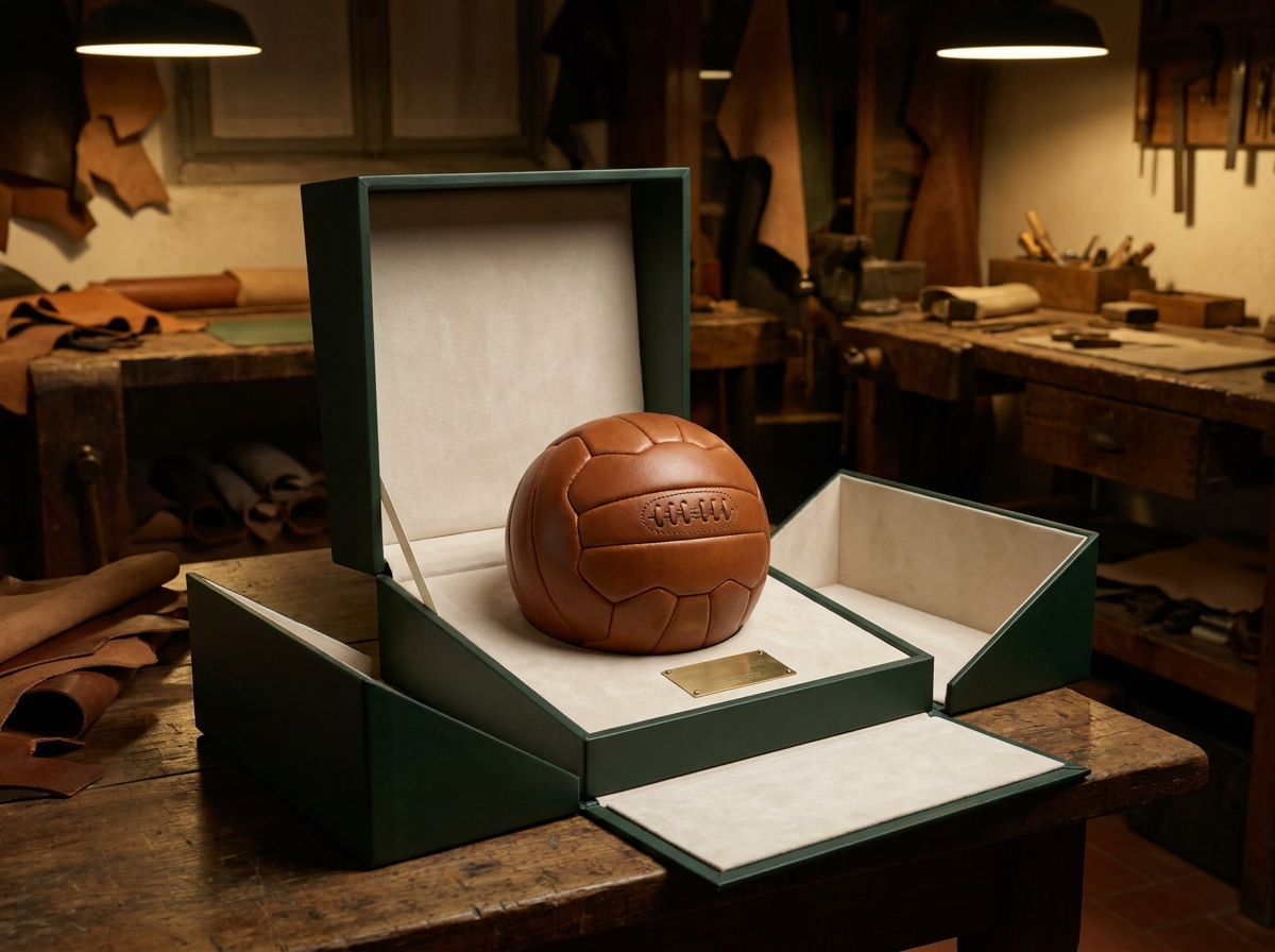 Collectible calfskin football presented in a forest-green archival box